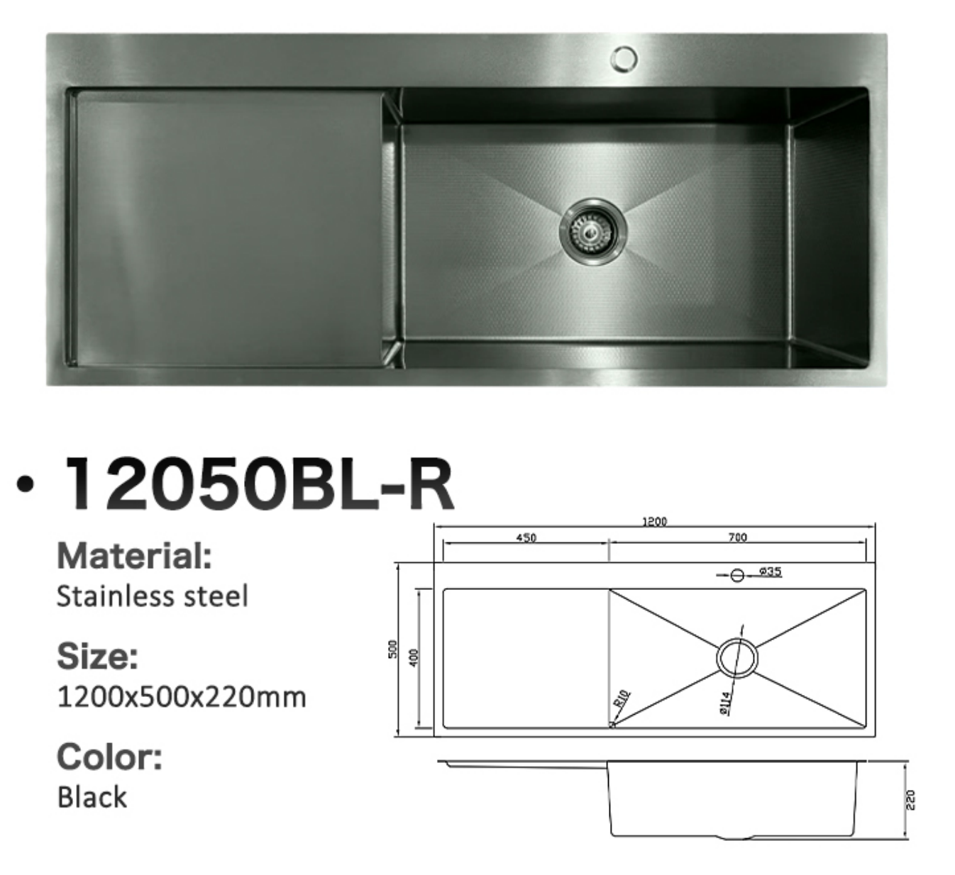 12050BL-R Honeycomb Stainless Steel Sink with Left Drainer