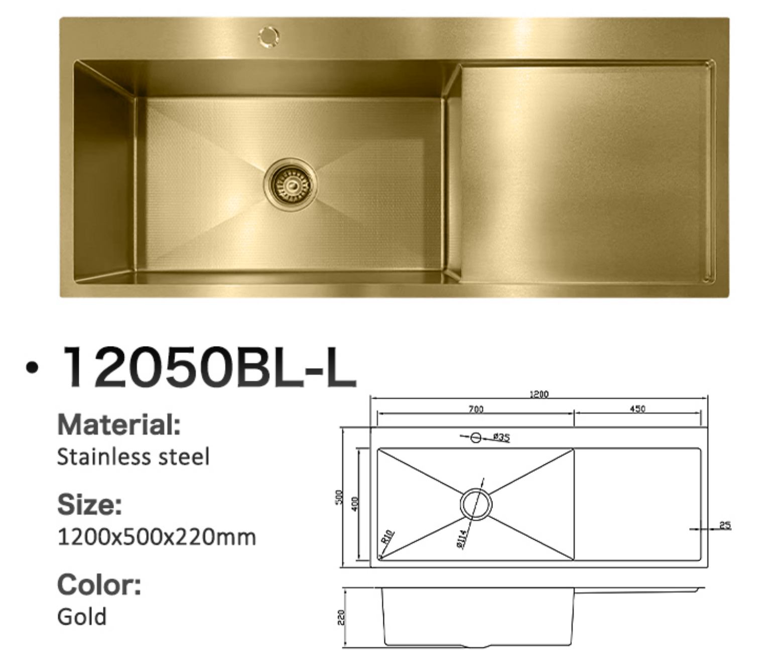 12050GL-L Honeycomb Stainless Steel Sink with Right Drainer