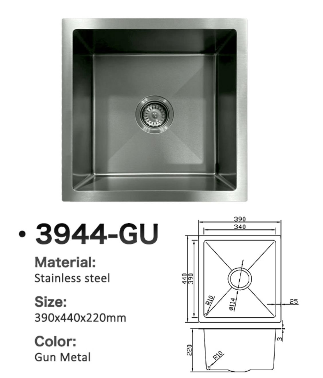 3944-GU Stainless Steel Single Bowl Sink