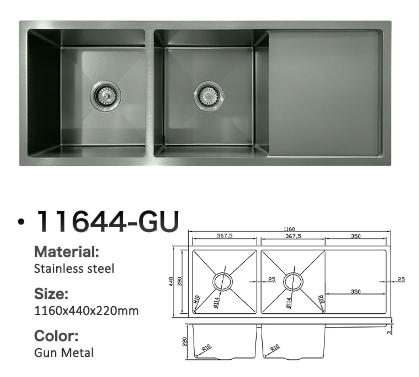 11644-GU Stainless Steel Double Bowl Sink with Right Drainer