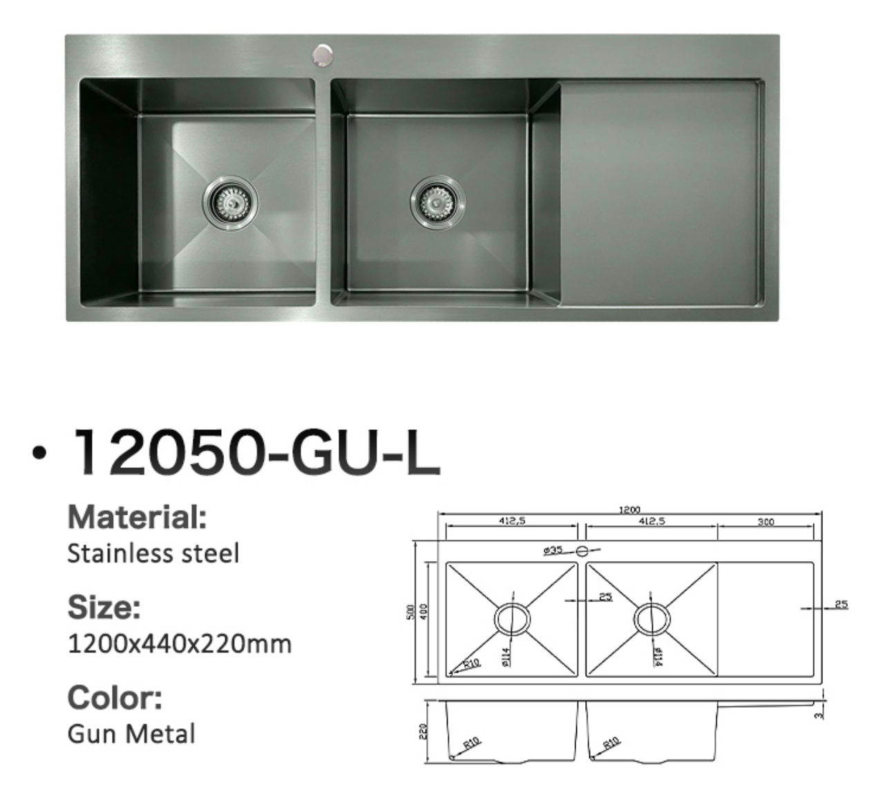 12050-GU-L Stainless Steel Double Bowl Sink with Right Drainer