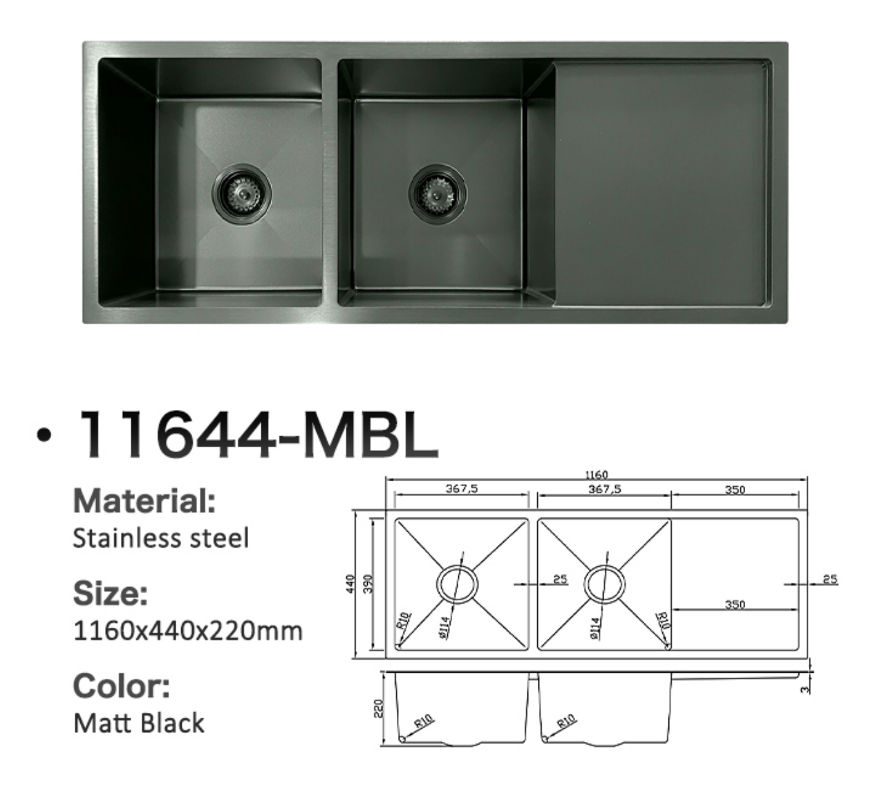 11644-MBL Stainless Steel Double Bowl Sink with Right Drainer