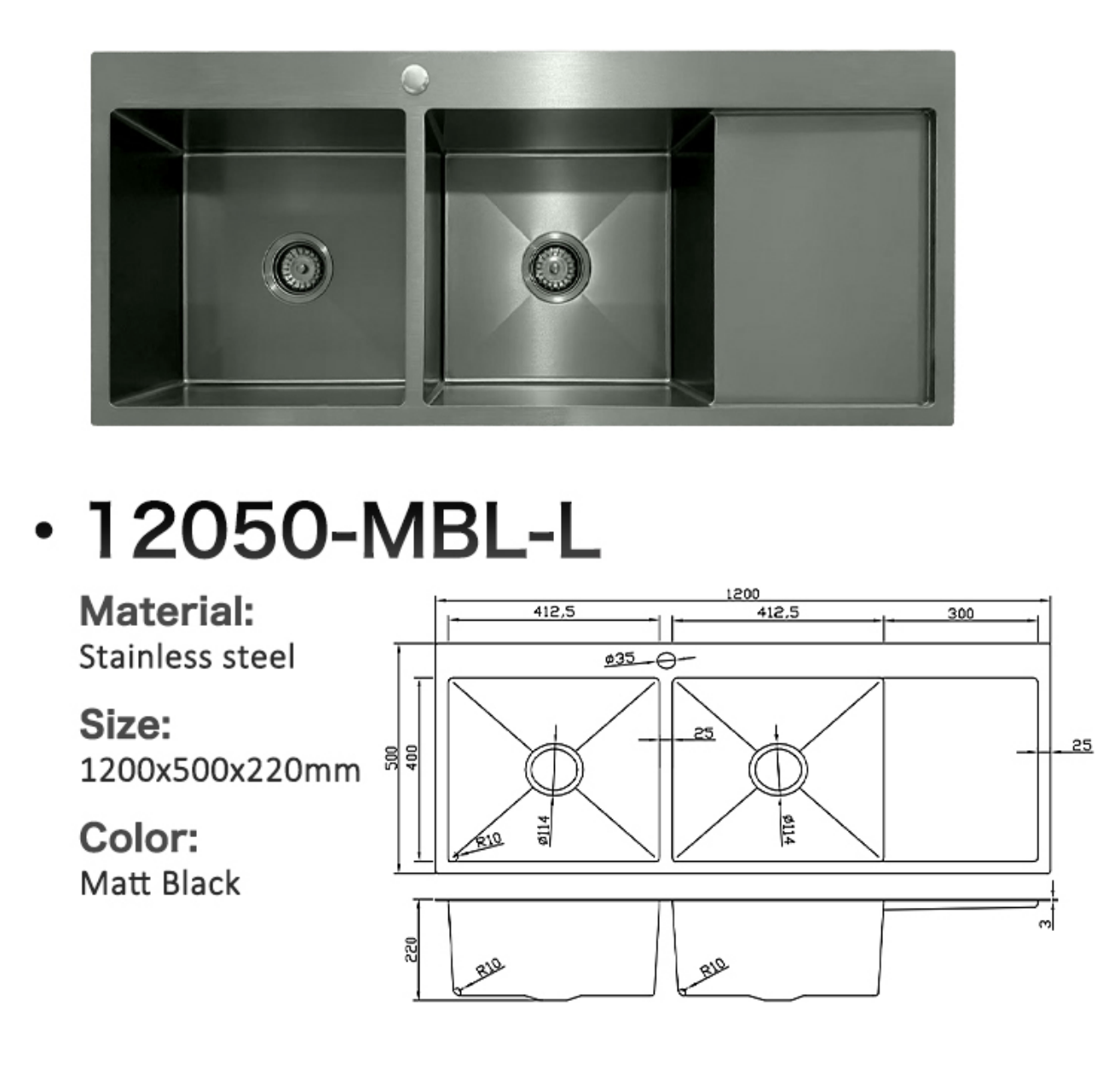 12050-MBL-L Stainless Steel Double Bowl Sink with Right Drainer