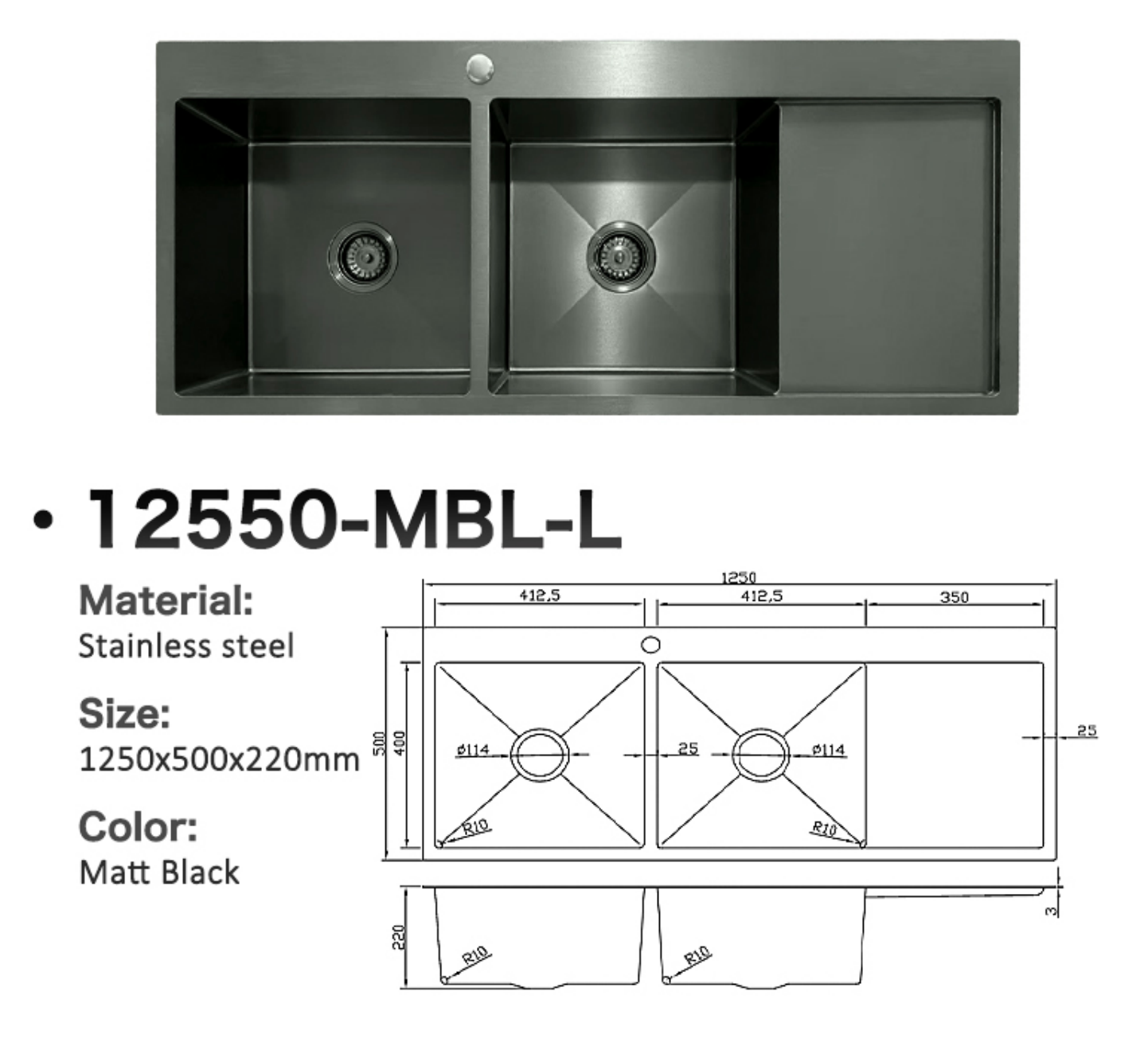 12550-MBL-L Stainless Steel Double Bowl Sink with Right Drainer