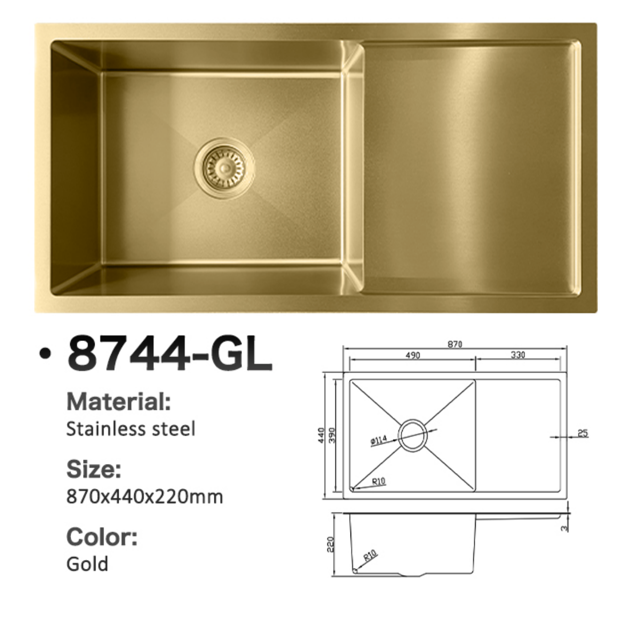 8744-GL Stainless Steel Sink with Right Drainer
