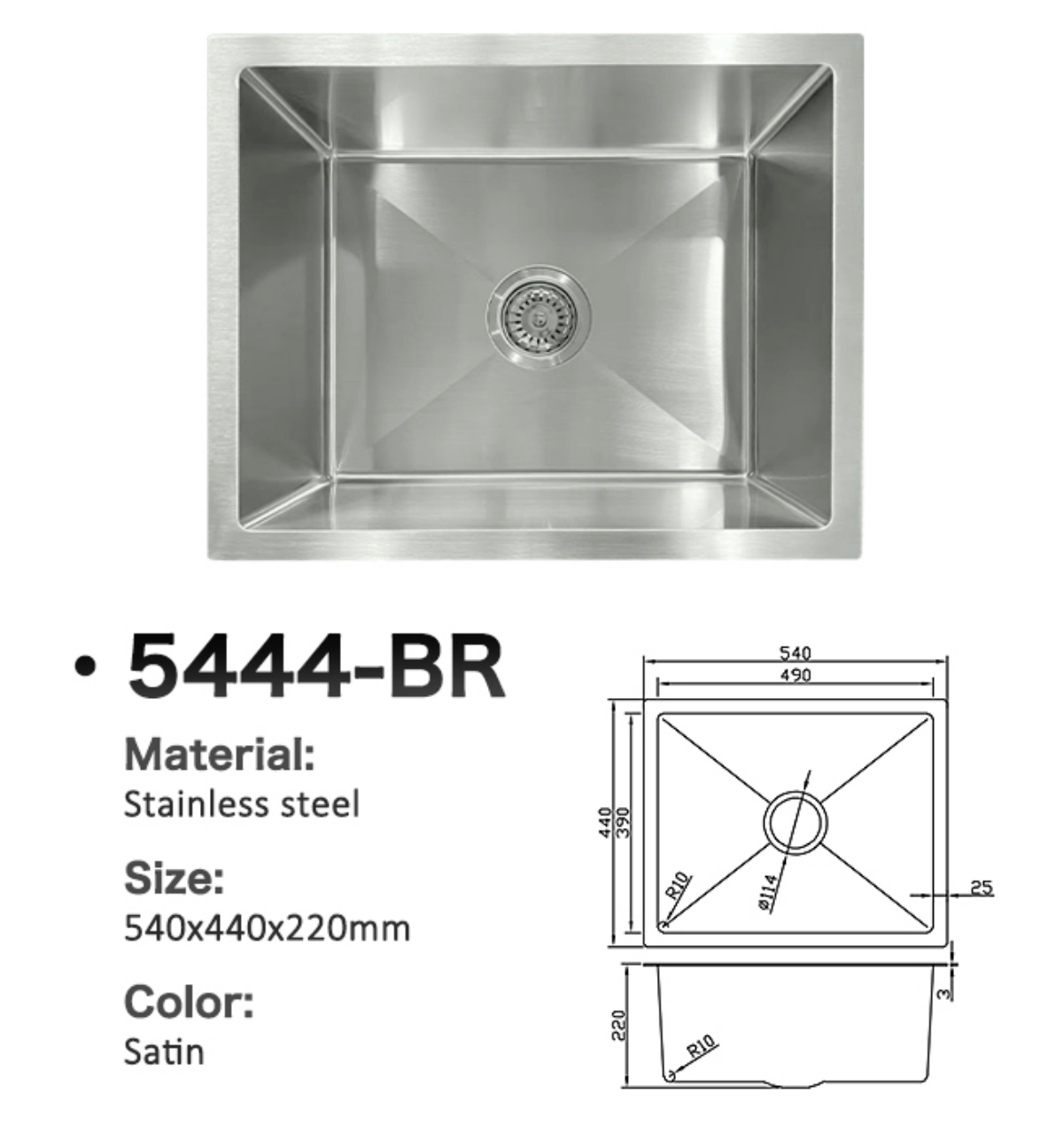 5444-BR Stainless Steel Single Bowl Sink