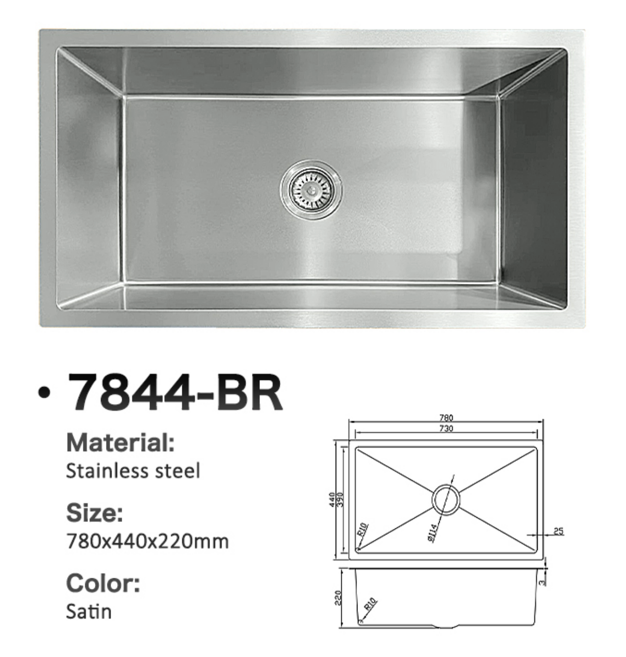 7844-BR Stainless Steel Large Single Bowl Sink