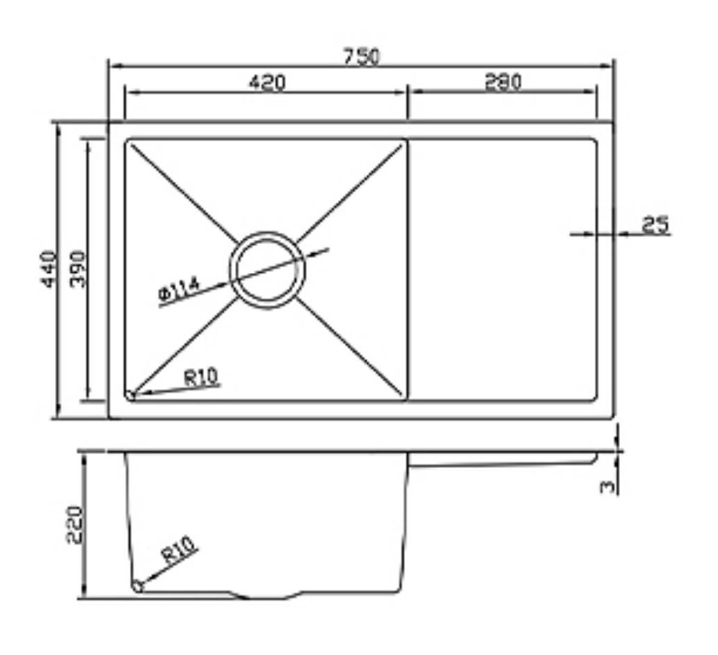 7544-BR Stainless Steel Single Bowl Sink with Right Drainer