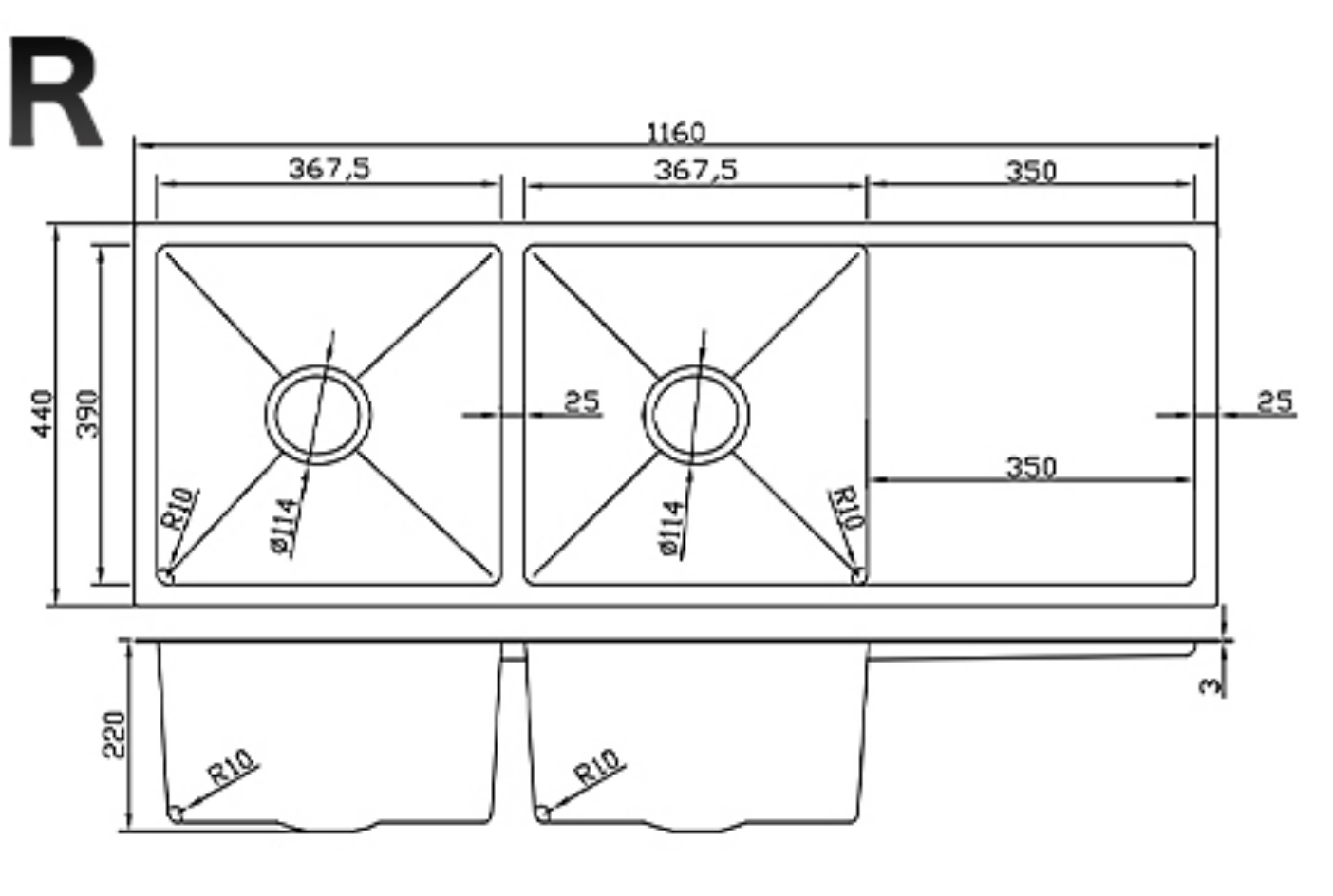 11644-BR Stainless Steel Double Bowl Sink with Right Drainer