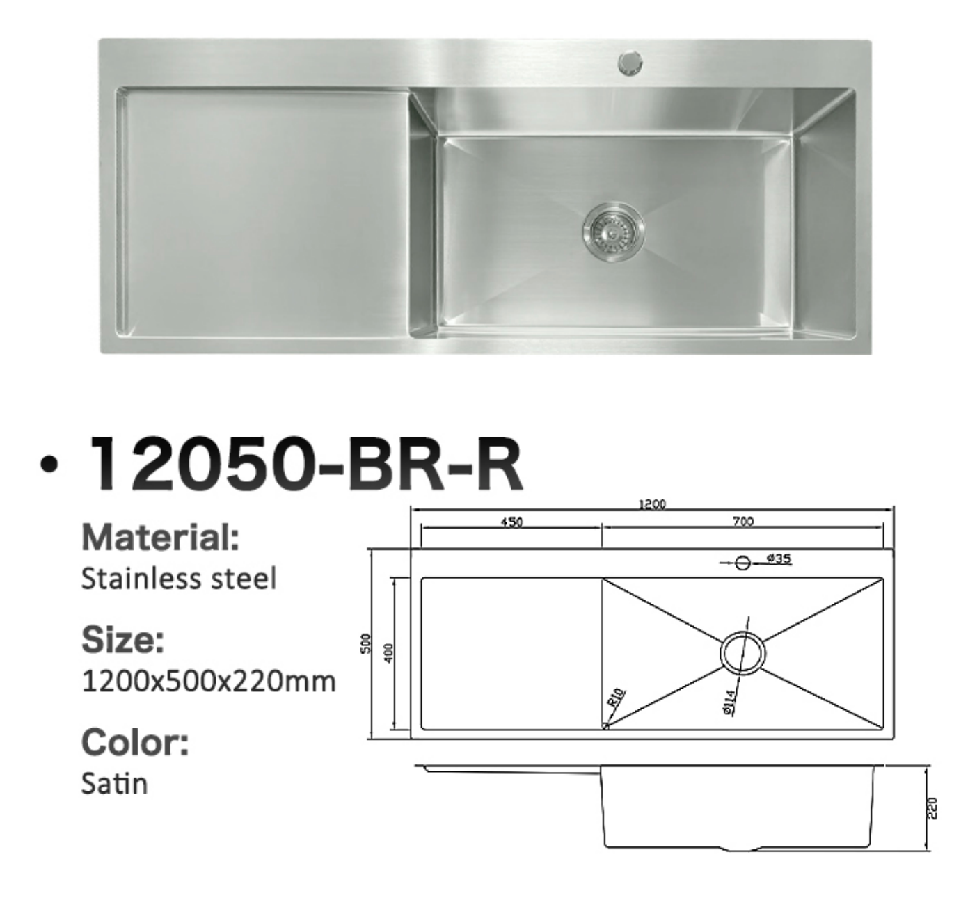 12050-BR-R Stainless Steel Single Bowl Sink with Left Drainer