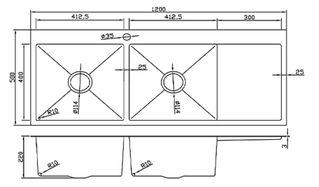 12050-BR-L Stainless Steel Double Bowl Sink with Right Drainer