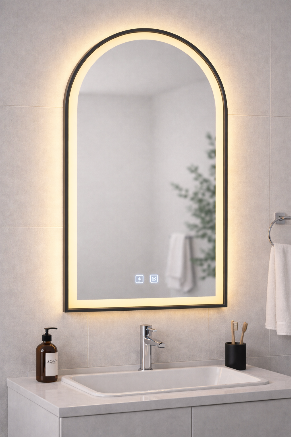 Grey Framed Arch LED Mirror 50×90cm