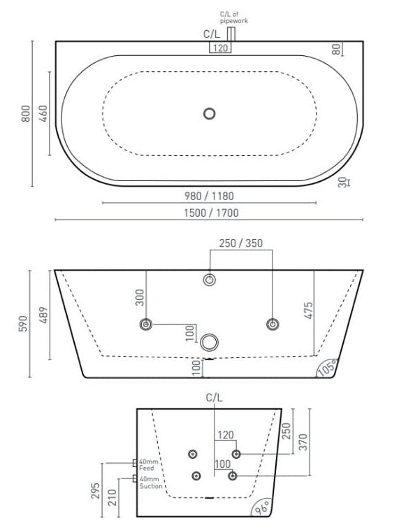 7132 Massage Bathtub Back-To-Wall