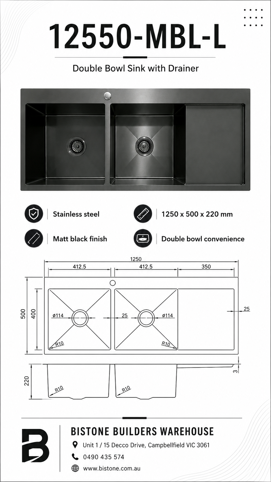 12550-MBL-L Stainless Steel Double Bowl Sink with Right Drainer