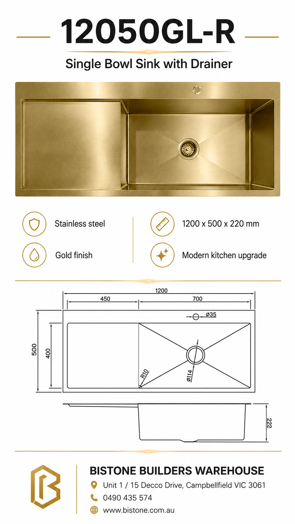 12050-GL-R Single Bowl Stainless Steel Sink with Left Drainer