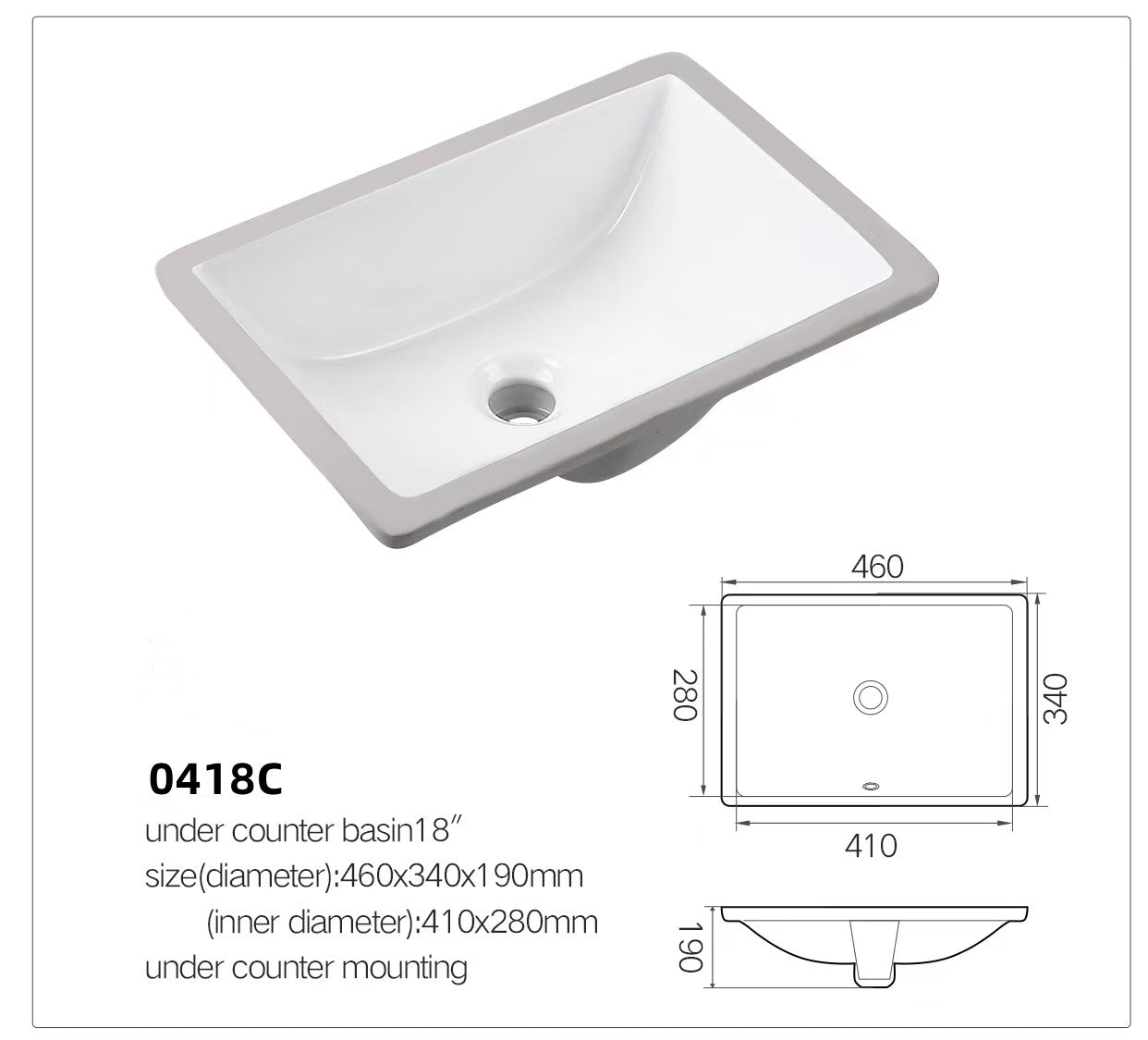 【Basin 0418C】Under Counter Basin 18” – Compact Elegance for Modern Bathrooms