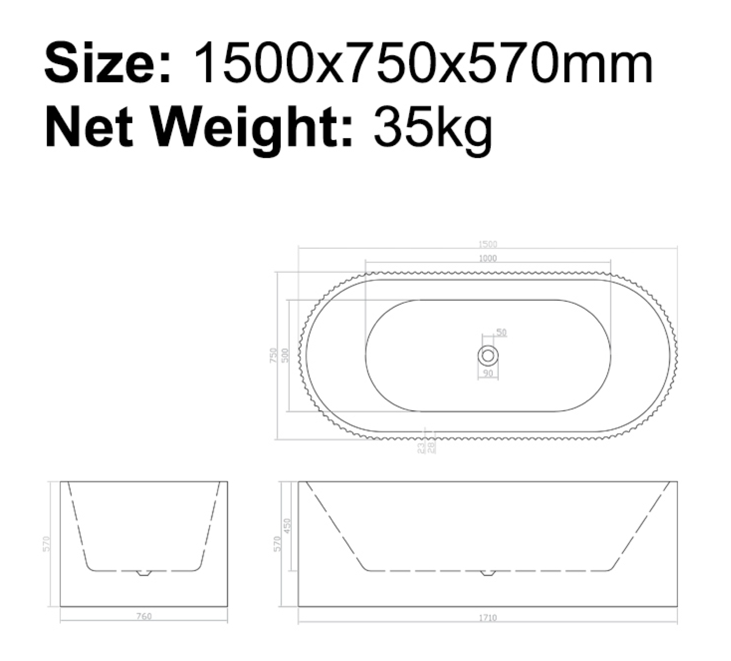 BISTONE B-7310 Freestanding Acrylic Bathtub — Fluted Oval Design, Adjustable Legs, Sanitary Grade Finish
