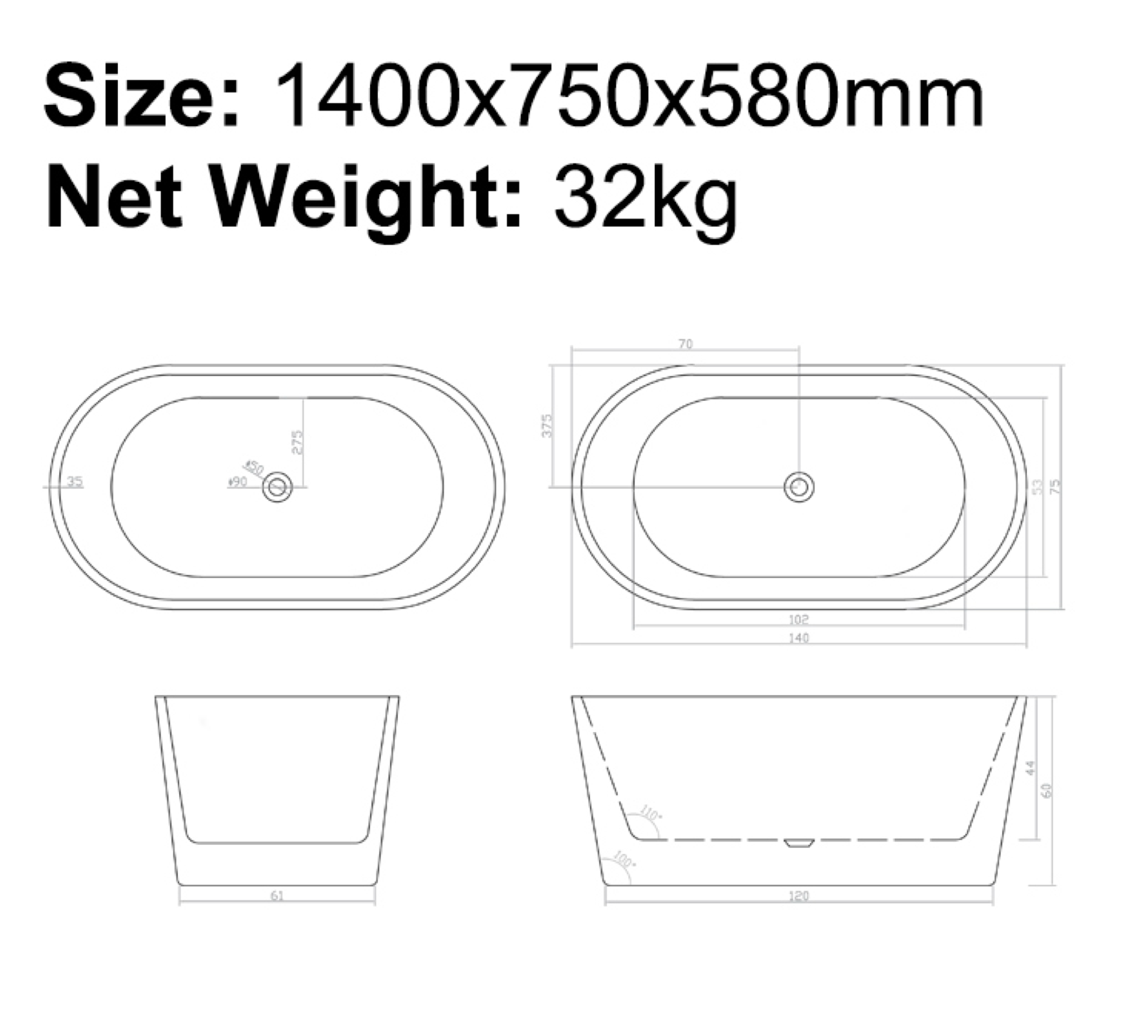 BISTONE B-7109 Freestanding Acrylic Bathtub — Minimalist Oval Design with Adjustable Legs