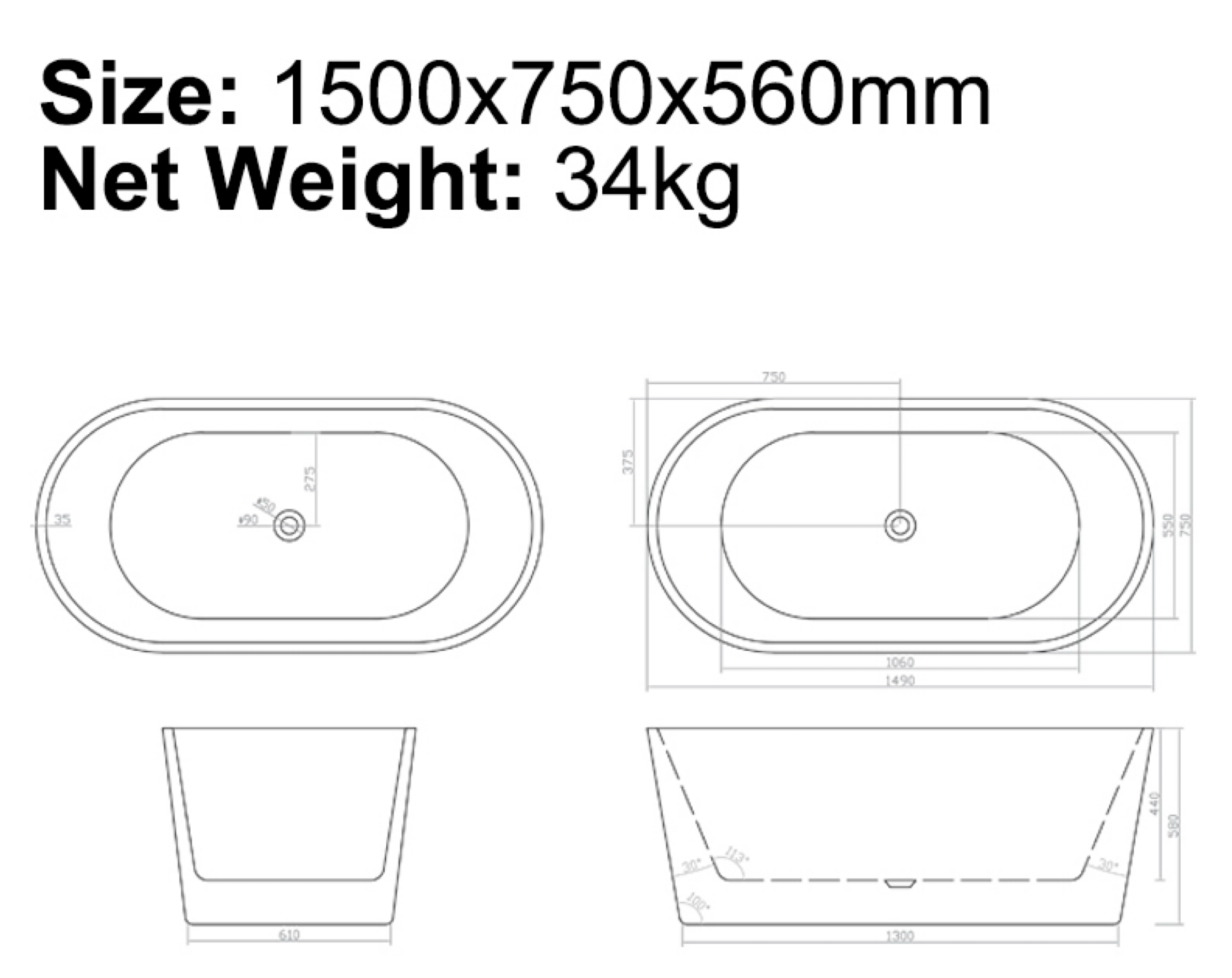 BISTONE B-7109 Freestanding Acrylic Bathtub — Minimalist Oval Design with Adjustable Legs