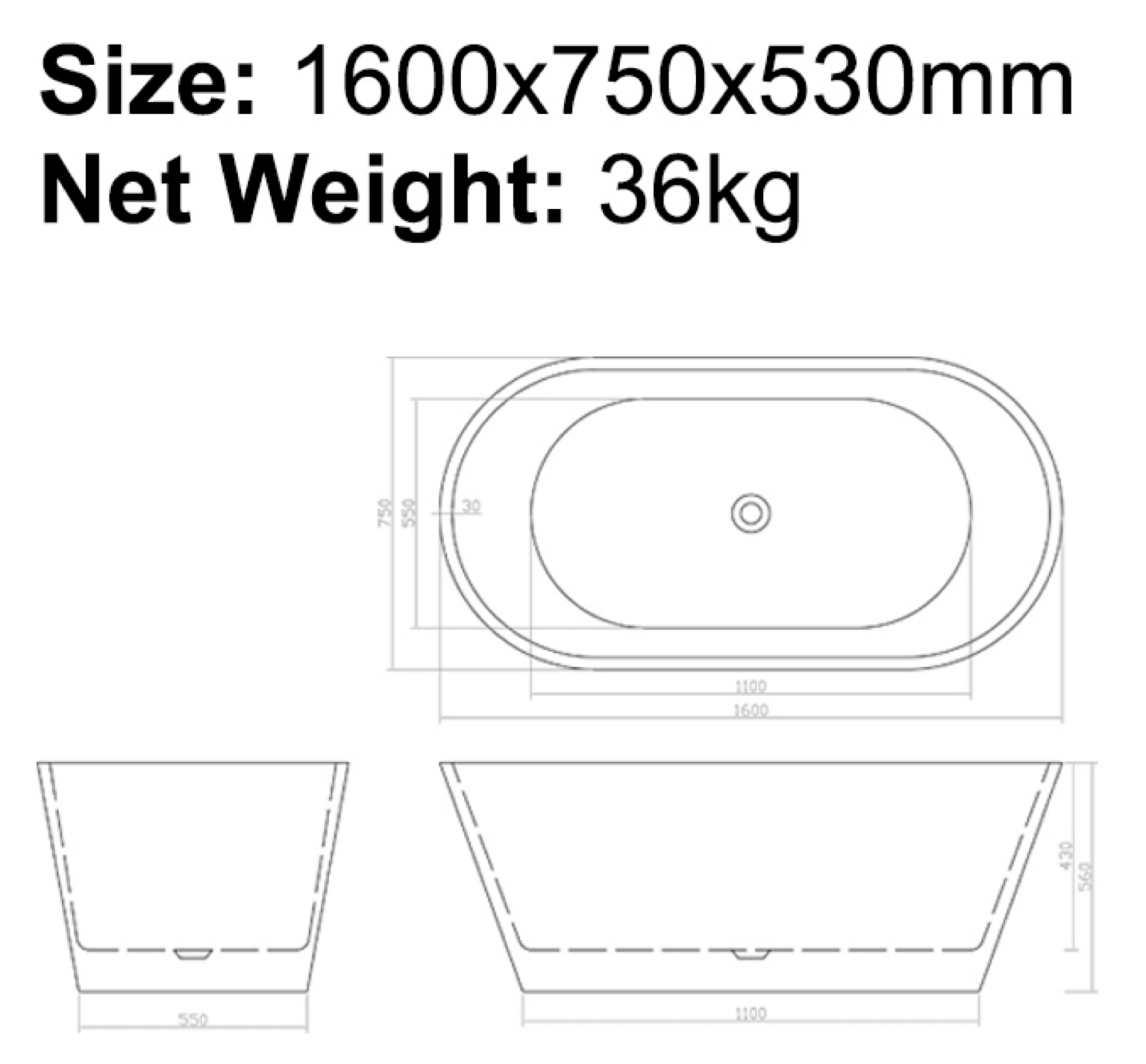 BISTONE B-7109 Freestanding Acrylic Bathtub — Minimalist Oval Design with Adjustable Legs