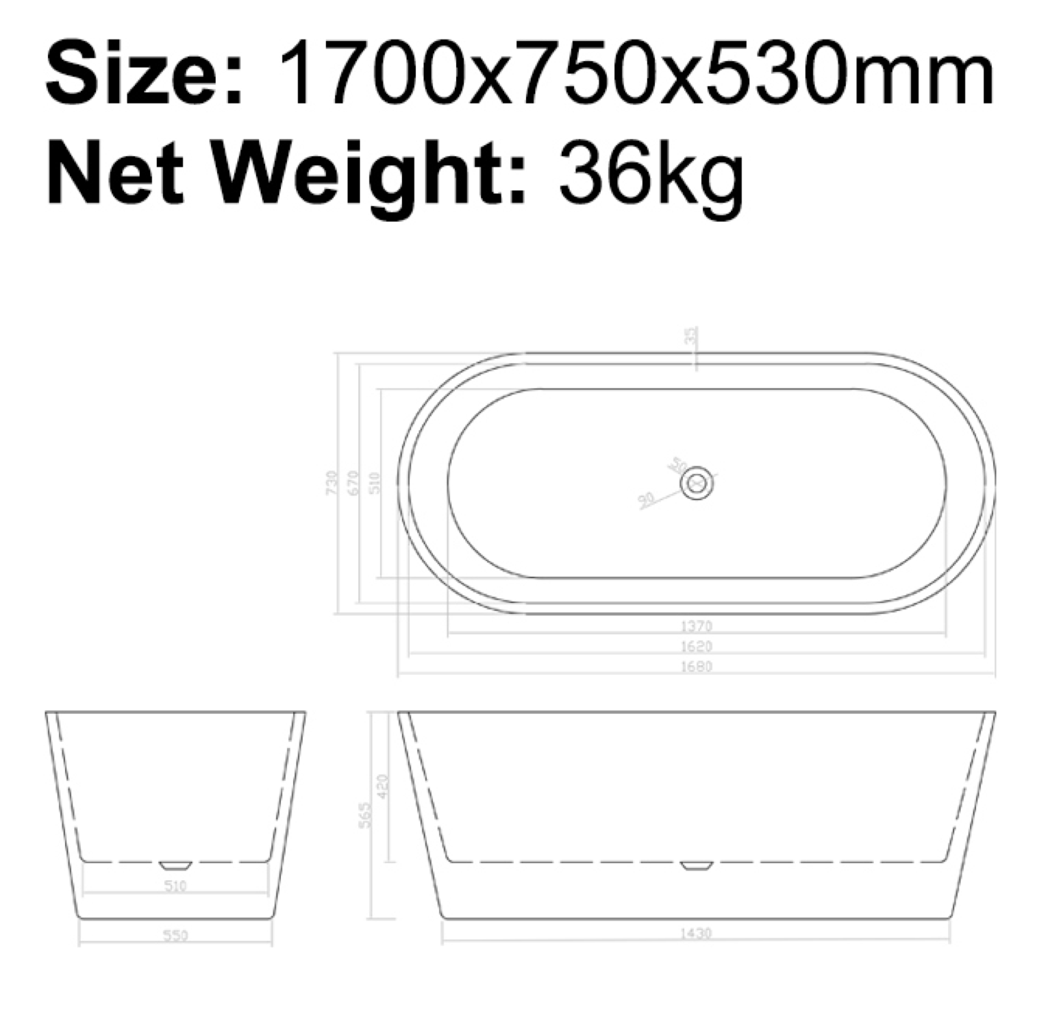 BISTONE B-7109 Freestanding Acrylic Bathtub — Minimalist Oval Design with Adjustable Legs