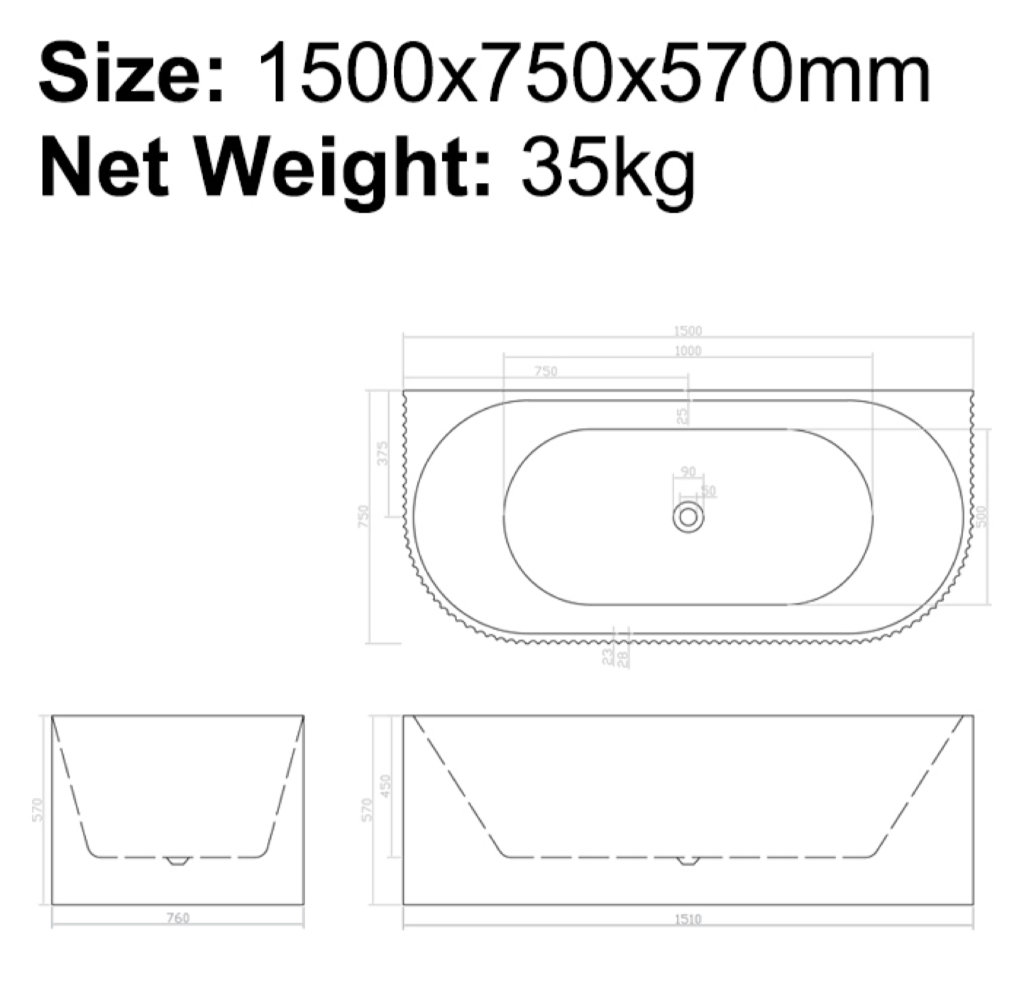 BISTONE B-7332 Back-to-Wall Acrylic Bathtub — Fluted Feature Design, Available with Massage or Air Options