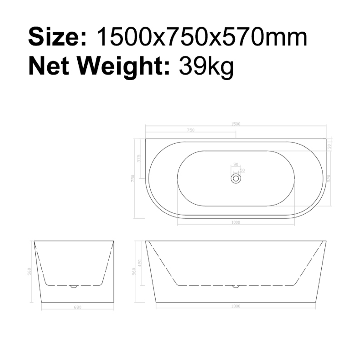 BISTONE B-7132 Back-to-Wall Acrylic Bathtub — Elegant Modern Design with Optional Massage & Air Systems
