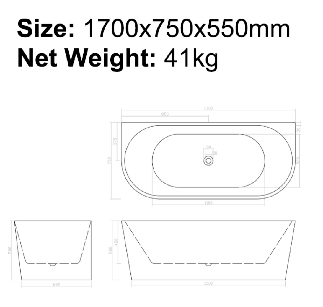 BISTONE B-7132 Back-to-Wall Acrylic Bathtub — Elegant Modern Design with Optional Massage & Air Systems