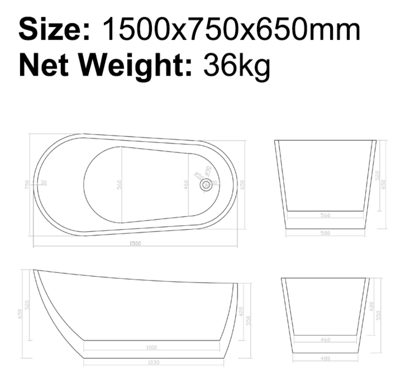 BISTONE B-7111 Freestanding Acrylic Bathtub — Deep Soaking Comfort with Modern Minimalist Design