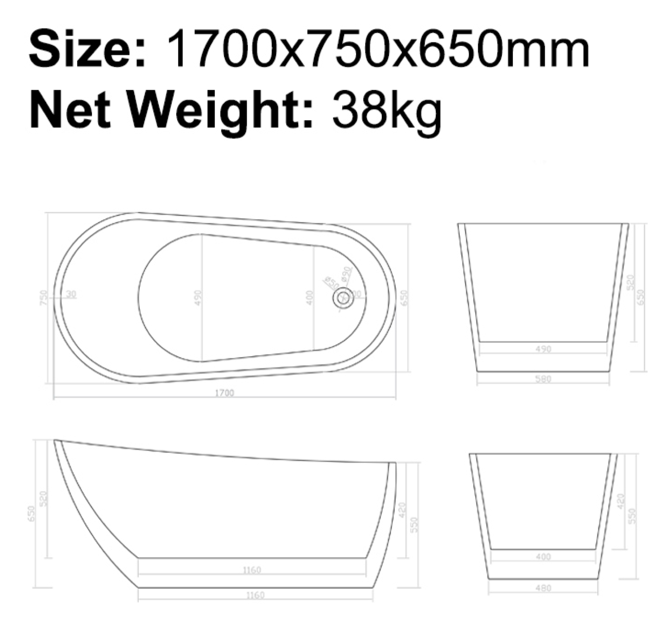BISTONE B-7111 Freestanding Acrylic Bathtub — Deep Soaking Comfort with Modern Minimalist Design