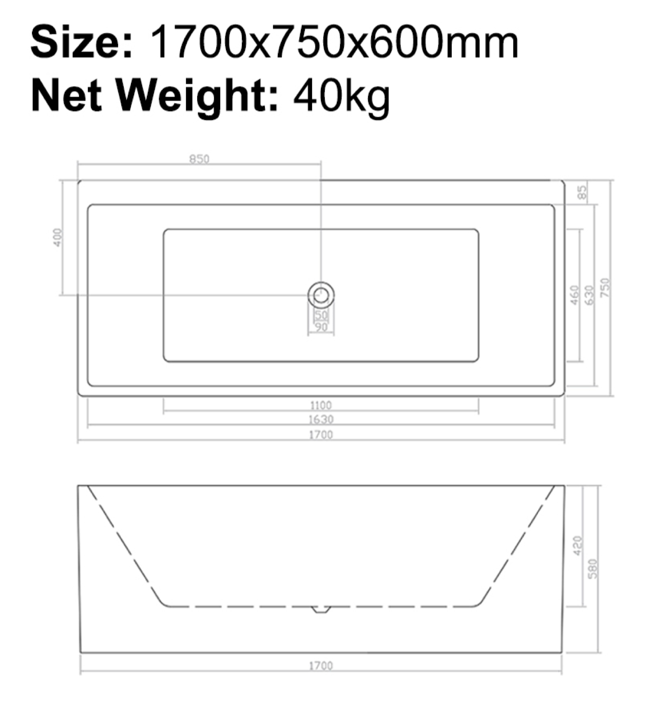 BISTONE B-7101L Back-to-Wall Acrylic Bathtub — Modern Rectangular Design with Optional Massage and Tap Configurations