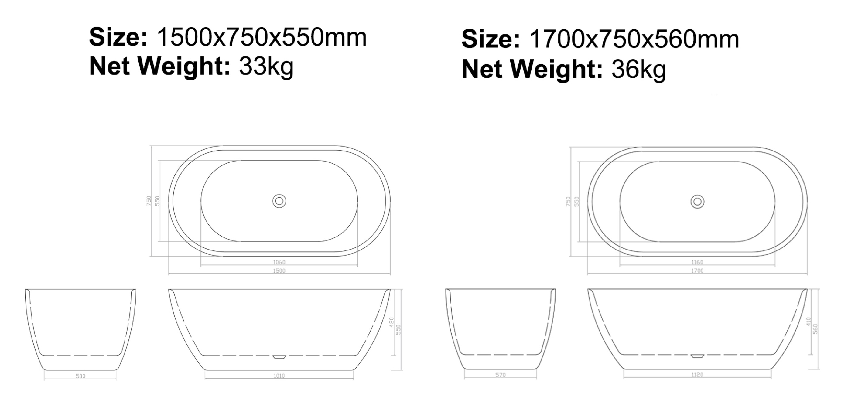 BISTONE B-7122T Freestanding Acrylic Bathtub — Timeless Oval Design for Modern Elegance