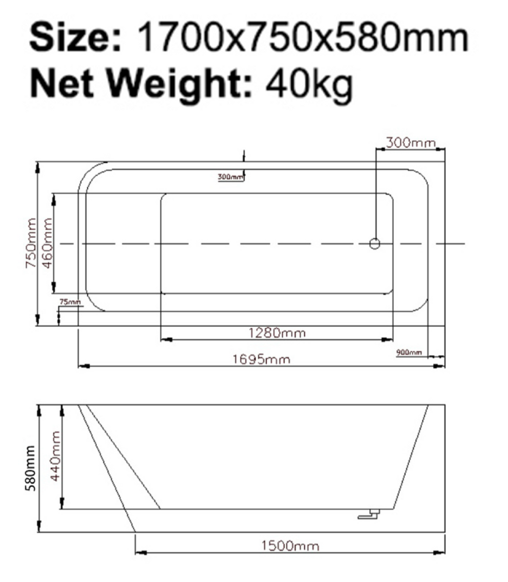 BISTONE B-7131 Back-to-Wall Acrylic Bathtub — Sleek Rectangular Design with Optional Massage & Air Functions