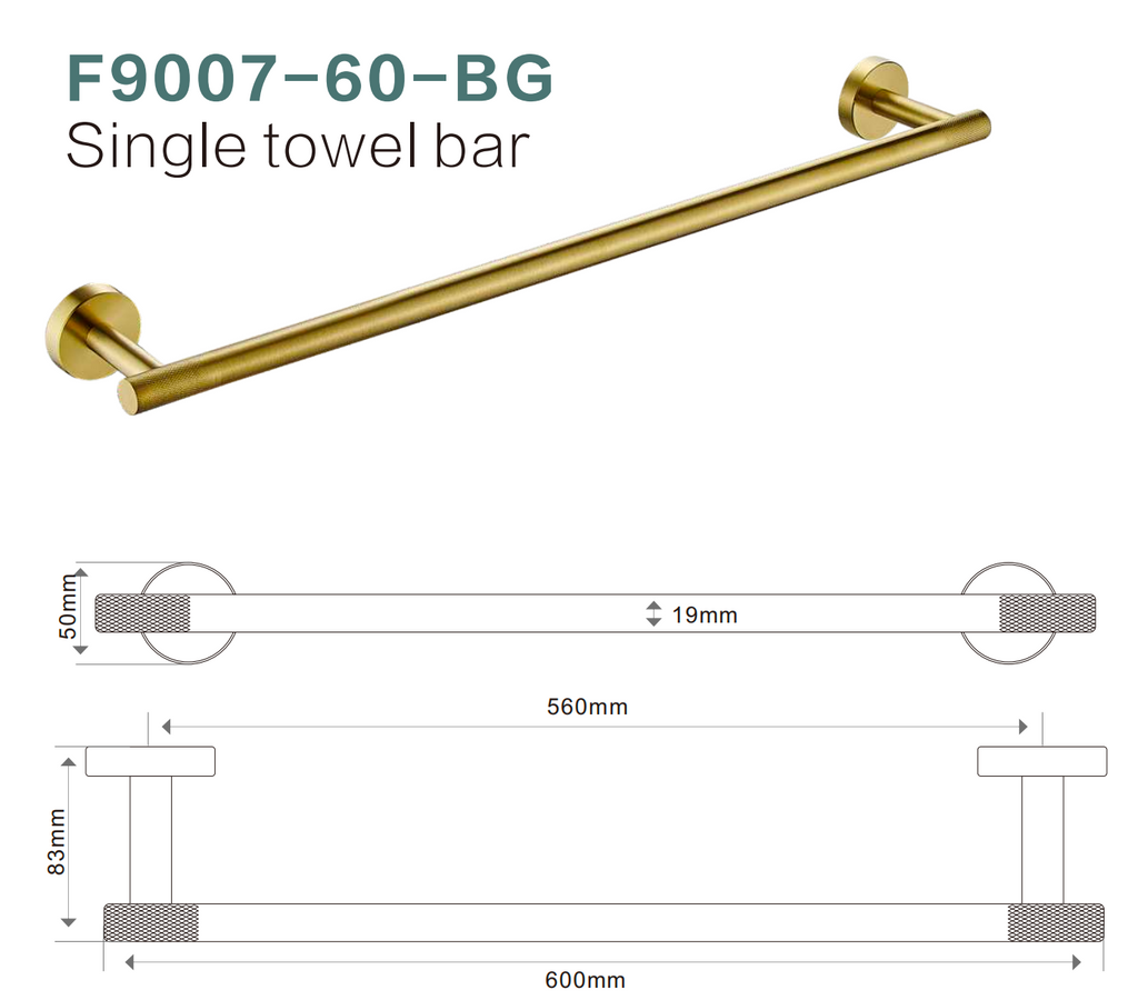 BISTONE F9007-60 Single Towel Rail — Modern Round Wall-Mounted 600mm Rail