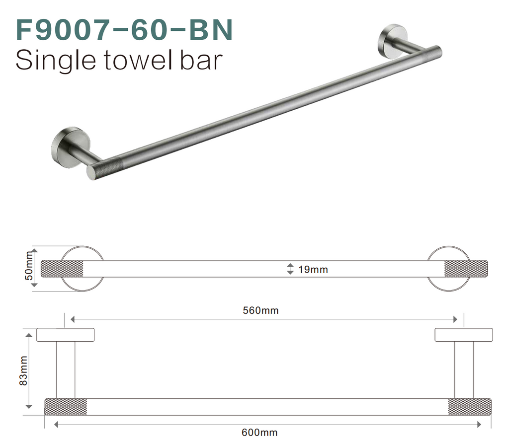 BISTONE F9007-60 Single Towel Rail — Modern Round Wall-Mounted 600mm Rail