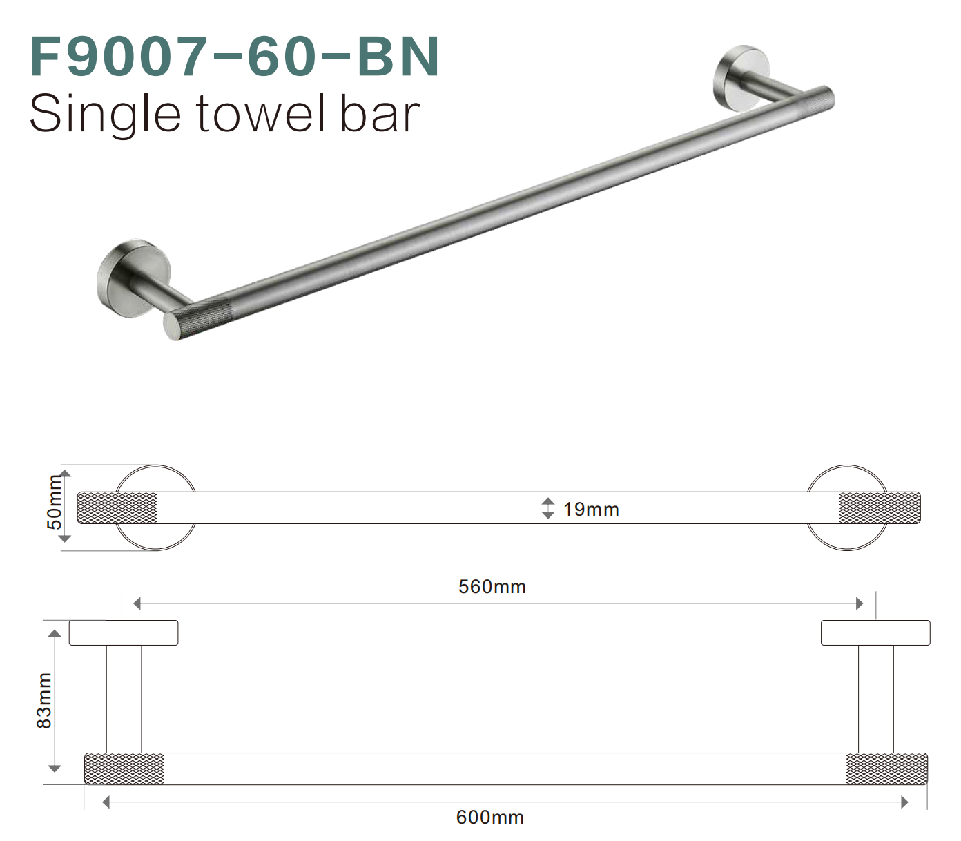 BISTONE F9007-60 Single Towel Rail — Modern Round Wall-Mounted 600mm Rail