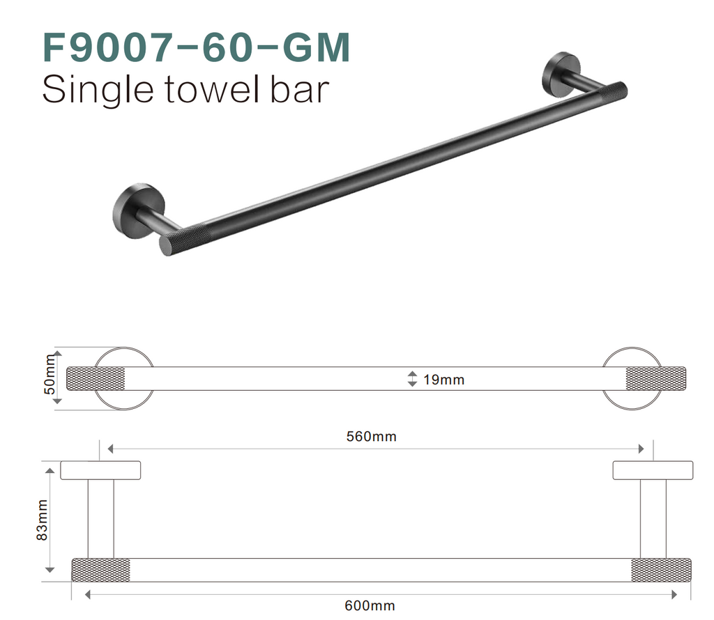 BISTONE F9007-60 Single Towel Rail — Modern Round Wall-Mounted 600mm Rail