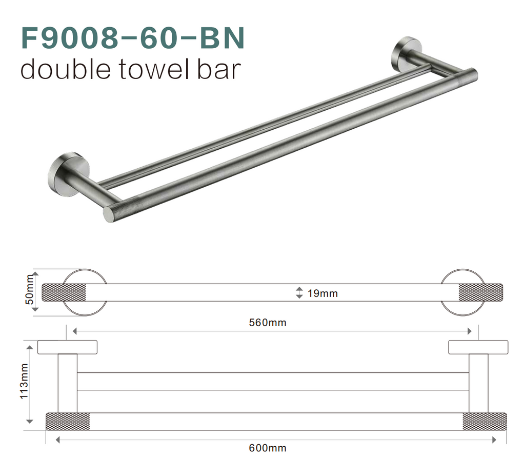 BISTONE F9008-60 Double Towel Rail — Modern Round Wall-Mounted 600mm Rail