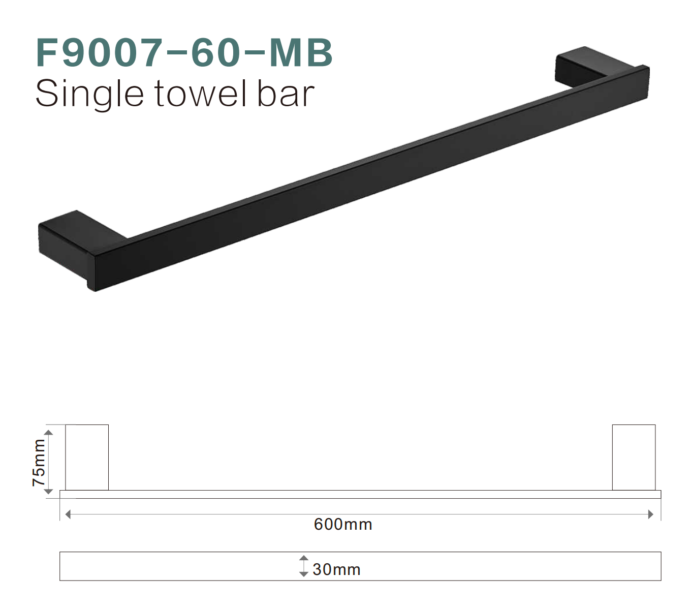 BISTONE F9007-60 Single Towel Bar — Modern Square Wall-Mounted 600mm Rail