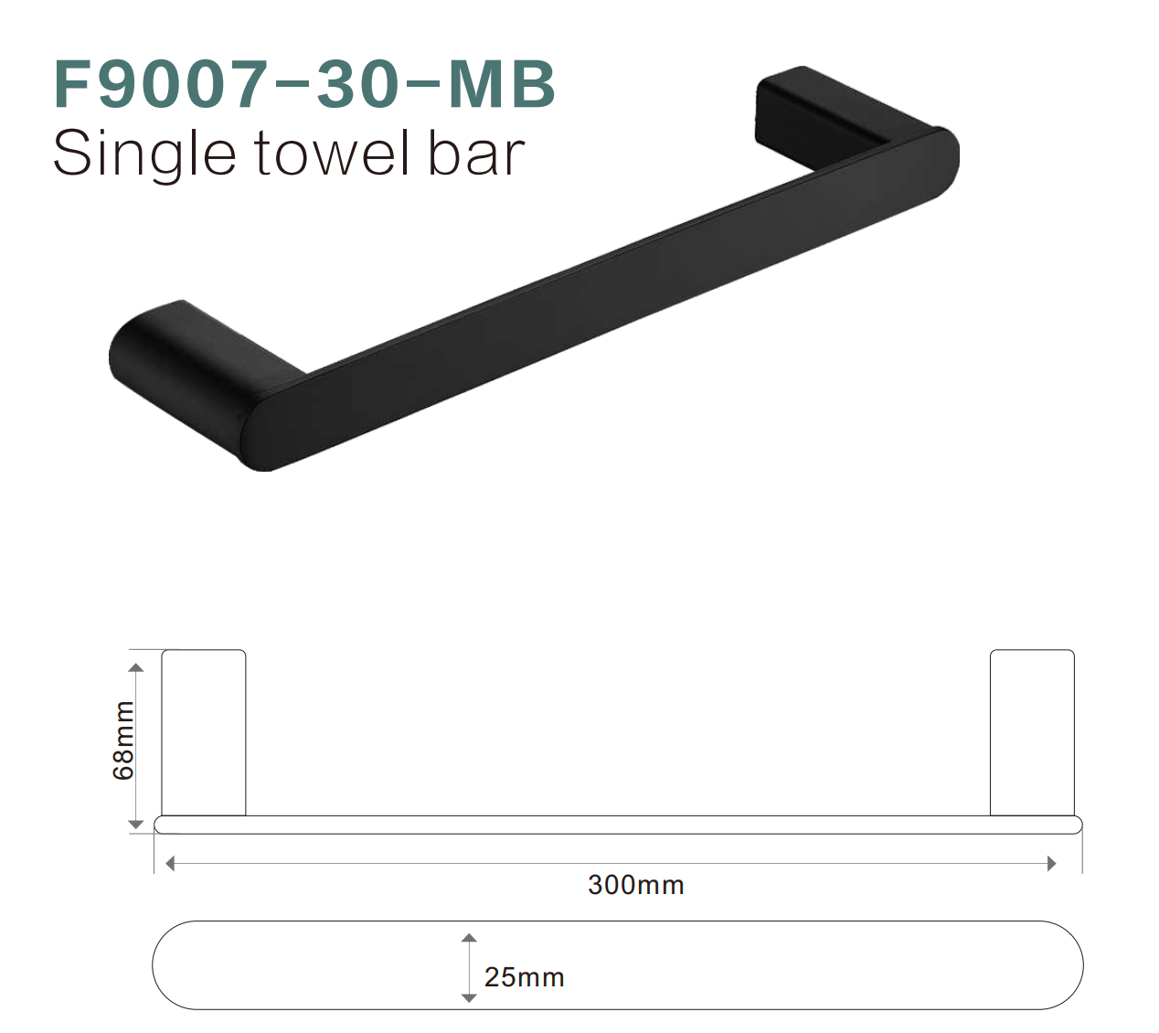 BISTONE F9007-30 Single Towel Bar — Modern Round-Edge Wall-Mounted 300mm Rail