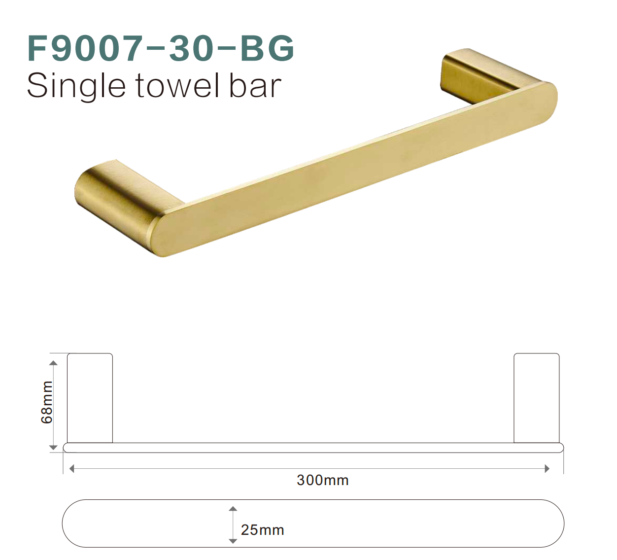 BISTONE F9007-30 Single Towel Bar — Modern Round-Edge Wall-Mounted 300mm Rail