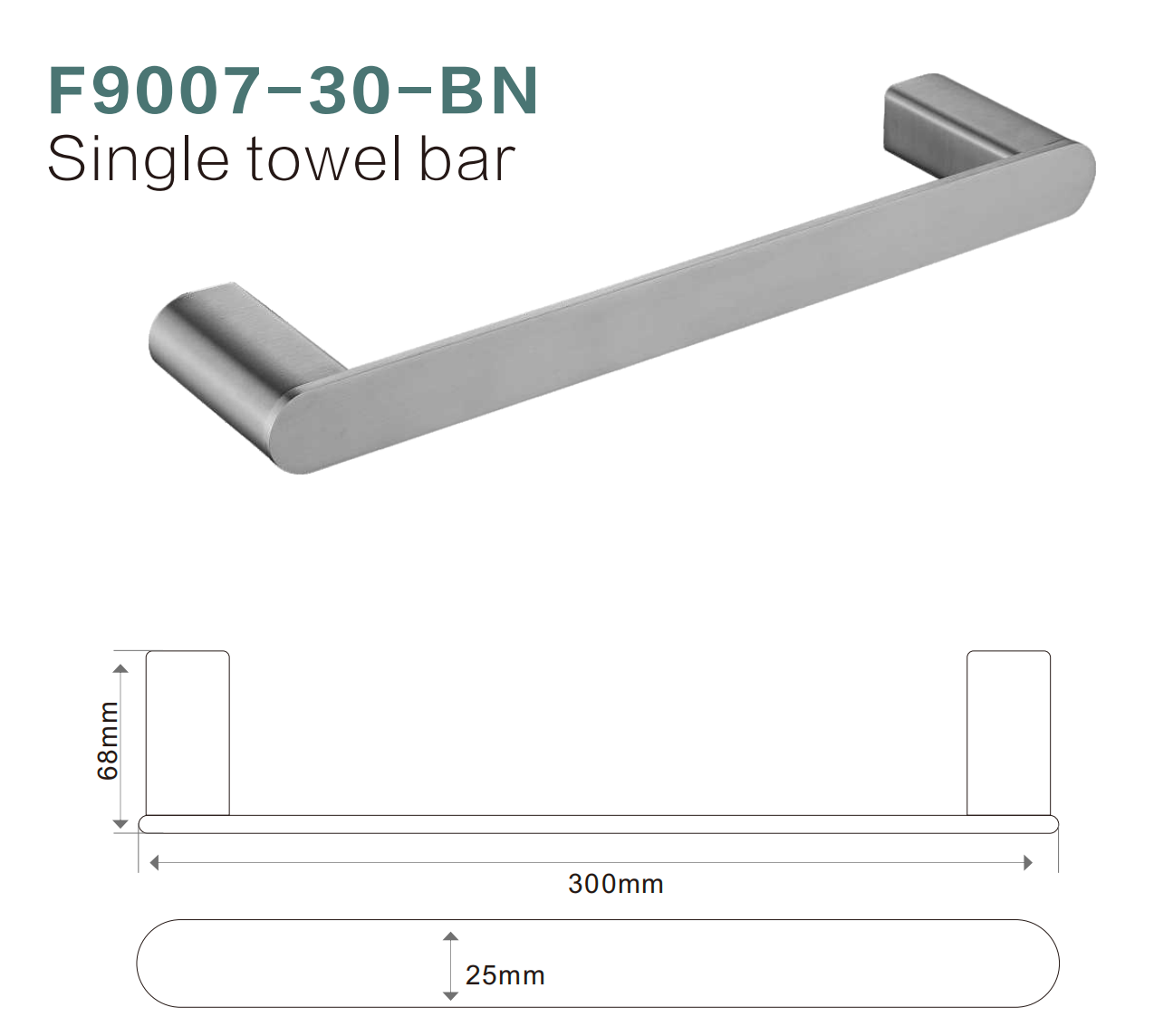 BISTONE F9007-30 Single Towel Bar — Modern Round-Edge Wall-Mounted 300mm Rail