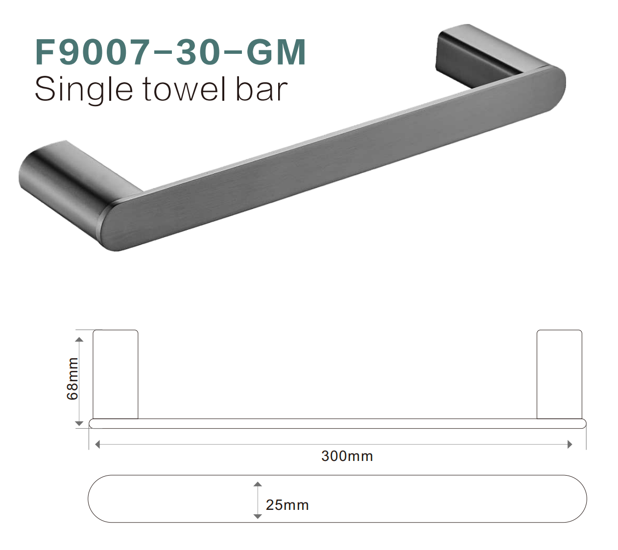BISTONE F9007-30 Single Towel Bar — Modern Round-Edge Wall-Mounted 300mm Rail