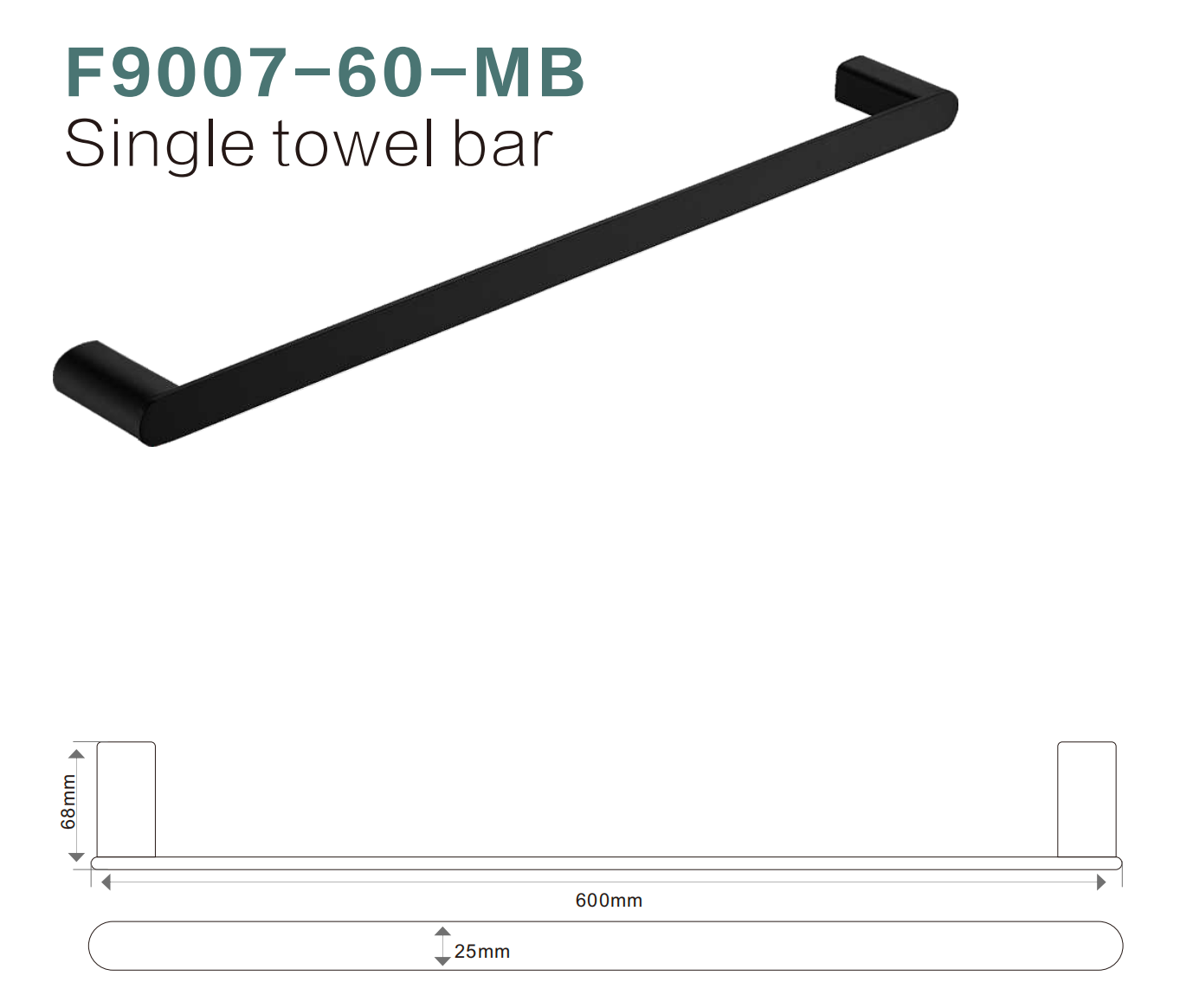 BISTONE F9007-60 Single Towel Bar — Modern Round-Edge Wall-Mounted 600mm Rail