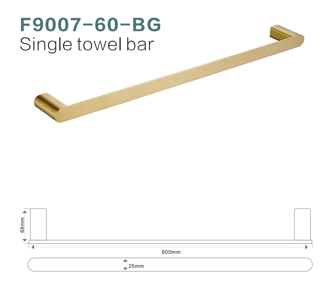 BISTONE F9007-60 Single Towel Bar — Modern Round-Edge Wall-Mounted 600mm Rail