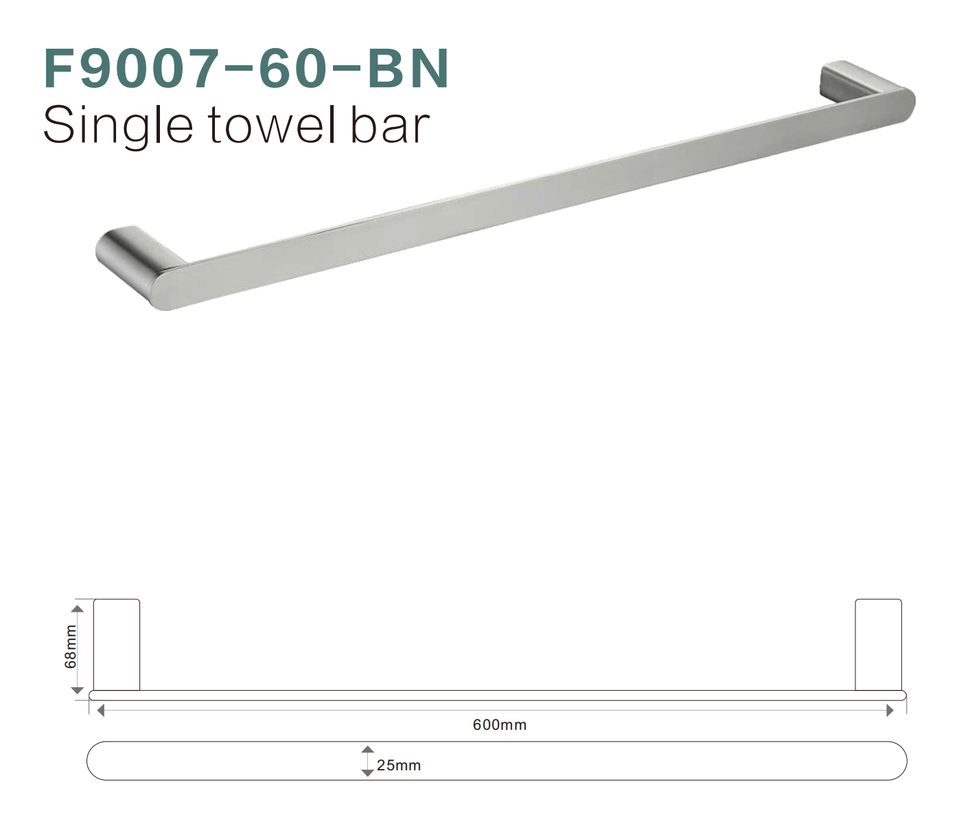 BISTONE F9007-60 Single Towel Bar — Modern Round-Edge Wall-Mounted 600mm Rail