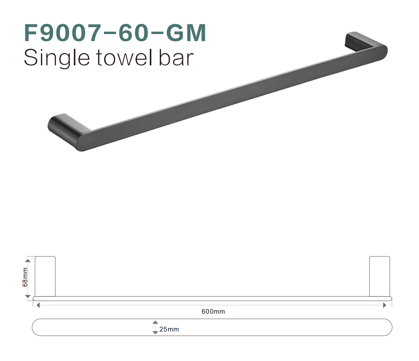 BISTONE F9007-60 Single Towel Bar — Modern Round-Edge Wall-Mounted 600mm Rail