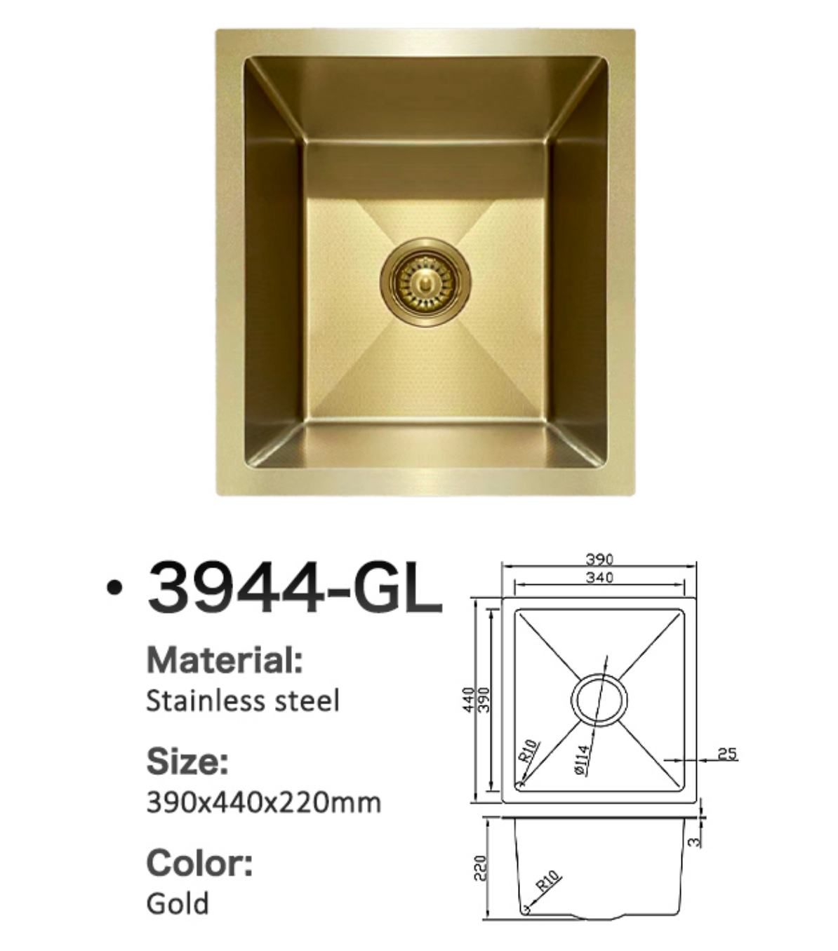 3944-GL Honeycomb Gold Stainless Steel Kitchen Sink, 390x440x220mm, Enhanced Scratch Resistant Surface