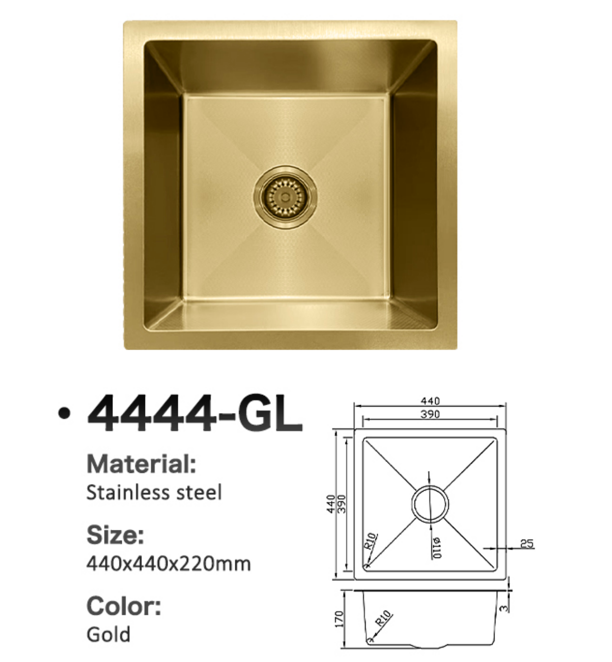 4444-GL Honeycomb Gold Stainless Steel Kitchen Sink, 440x440x220mm, Enhanced Scratch Resistant Surface