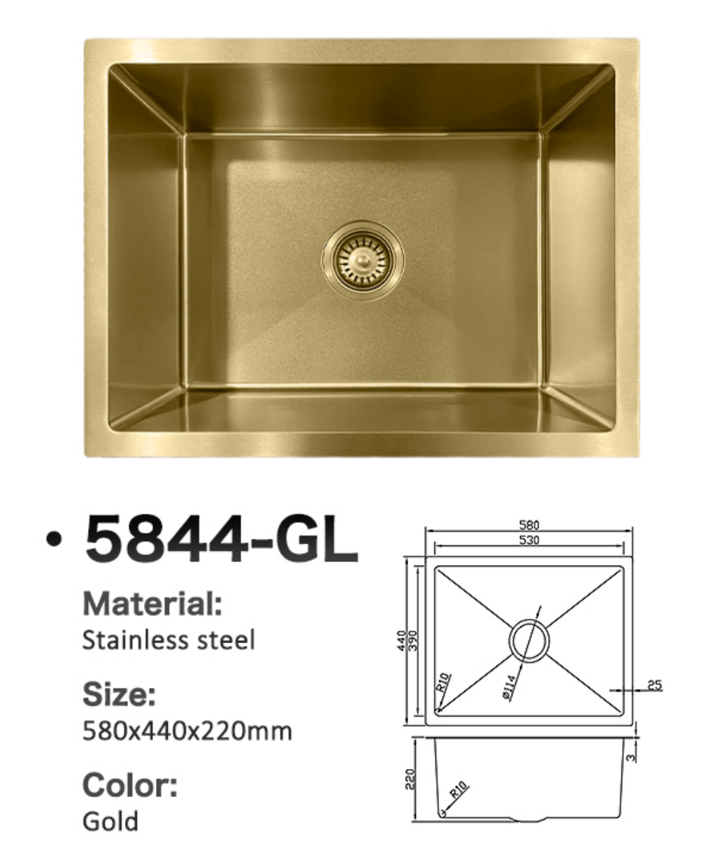 5844-GL Honeycomb Gold Stainless Steel Kitchen Sink, 580x440x220mm, Enhanced Scratch Resistant Surface